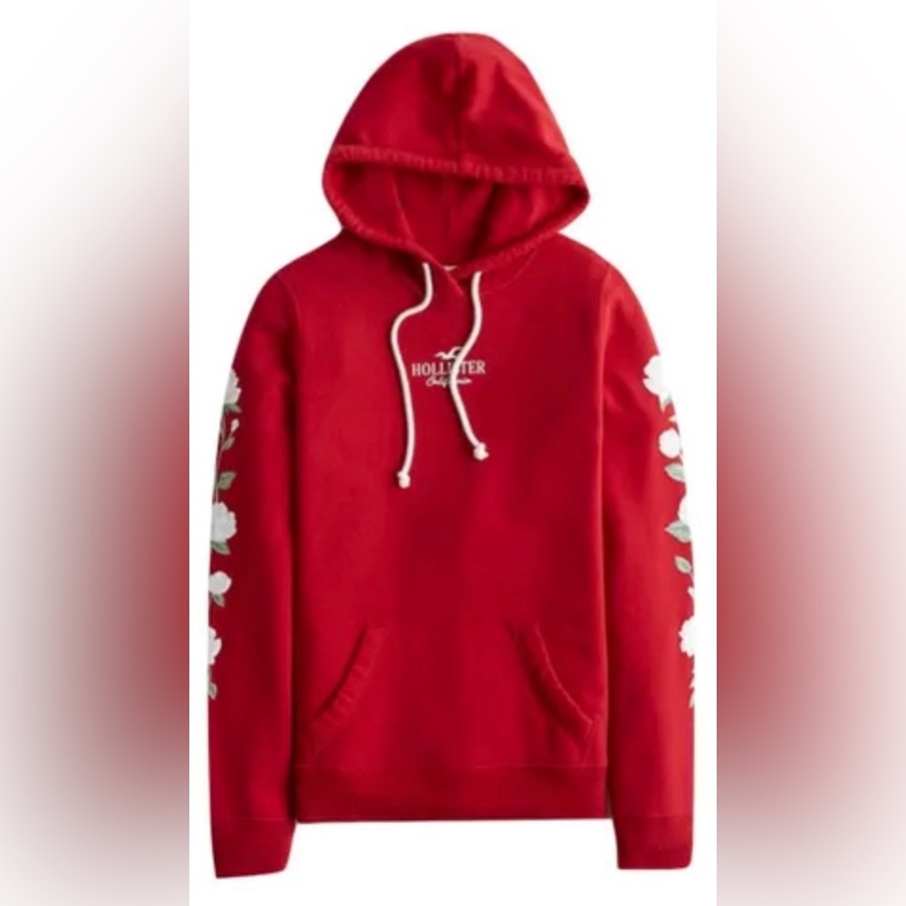 🖤HOLLISTER VINTAGE RED HOODIE WITH WHITE ROSES ON SLEEVES SIZE S🖤
